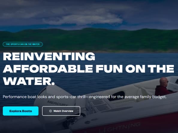 Lightning Boatworks homepage: a red performance boat on the water under the headline Reinventing affordable fun on the water