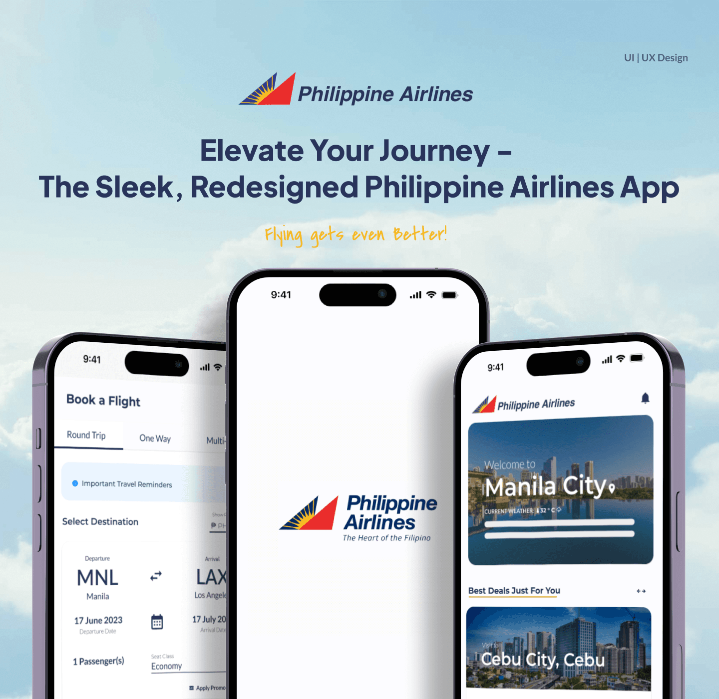 Three phones showing the redesigned Book a Flight, splash and Home screens