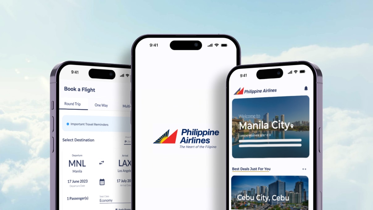 Three phones showing the redesigned Book a Flight, splash and Home screens